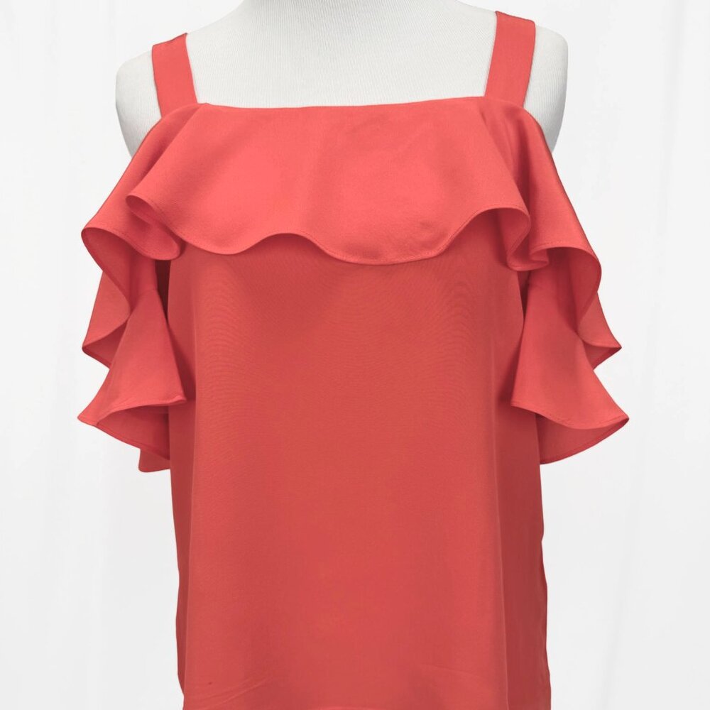 J.Crew Woman's size 2 Coral Silk Top Blues Ruffles Cold Shoulder Sleeves